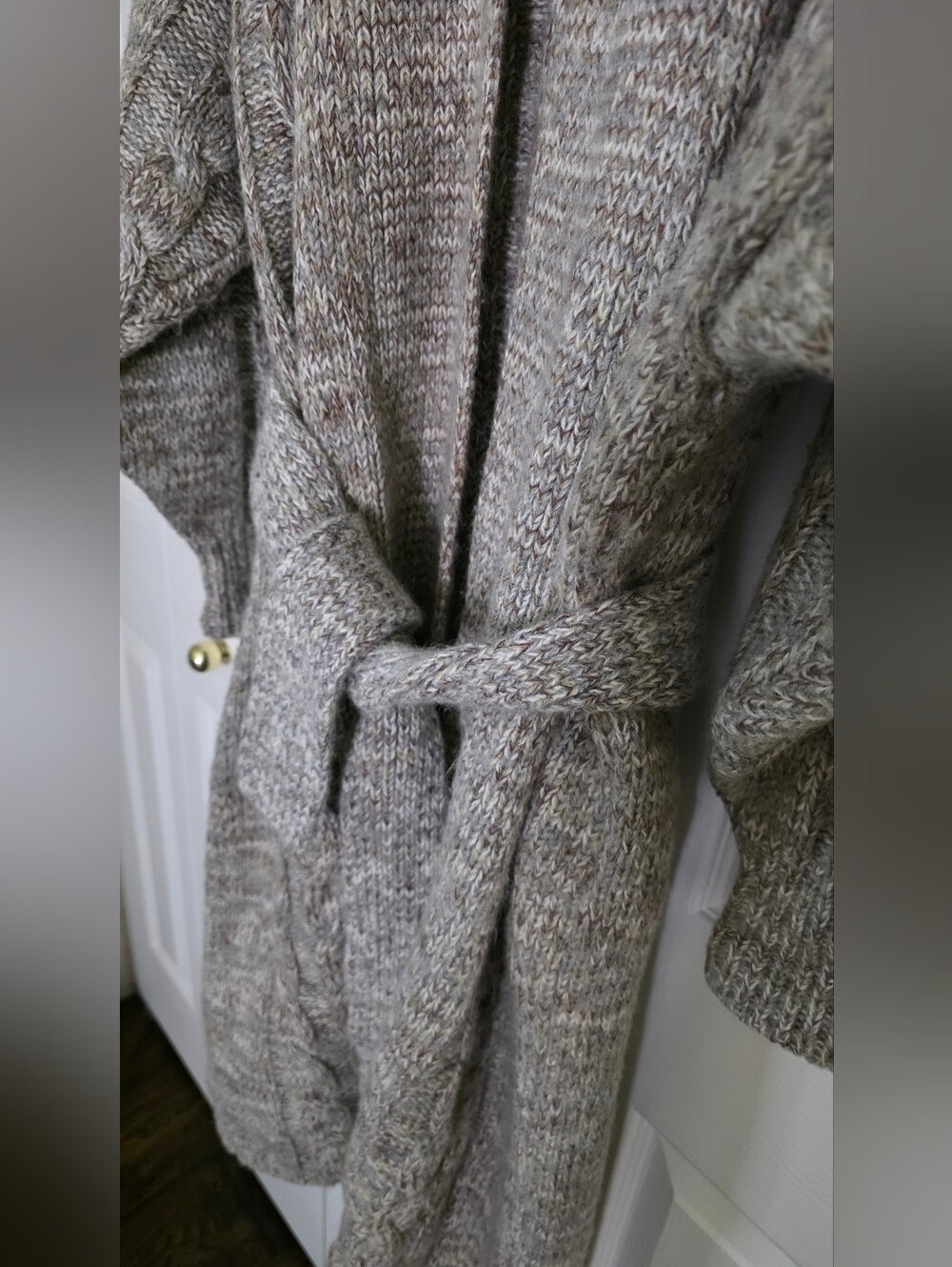 Mohair Wool Blend Belted Long Taupy- Beige Cable Knit Cardigan L-XL - Picture 9 of 13